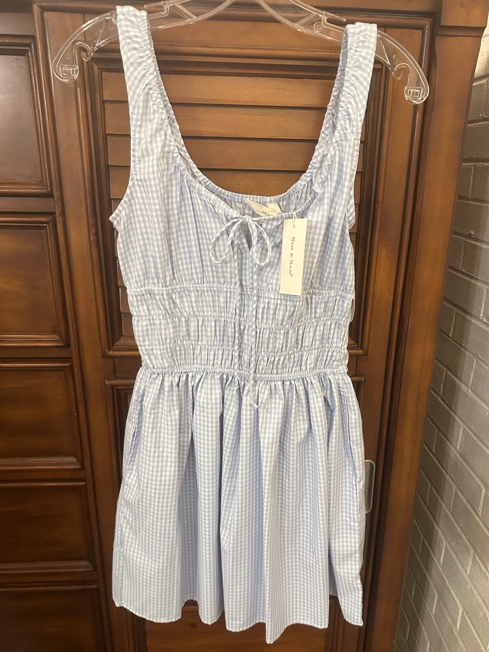 T.J.Maxx Light Blue Gingham Smocked Sundress with Front Tie